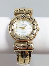 Vivani Pearlized Dial Round Gold Tone Case Open Cuff Hinge Band Watch 6 Inch