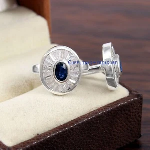 Natural Sapphire & CZ Gemstones With 925 Sterling Silver Cufflinks For Men's #22 - Picture 1 of 6