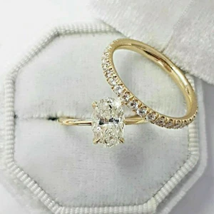 2.87 Ct Oval Real Moissanite Bridal Set Engagement Ring 14k Yellow Gold Plated - Picture 1 of 3