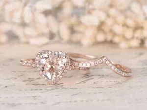 1.50 Ct Heart Cut Real Moissanite Halo Engagement Ring Set 14K Rose Gold Plated - Picture 1 of 9