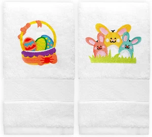 2 Pack Easter Hand Towels for Bathroom, Cotton Embroidered Easter Eggs Basket Bu - Picture 1 of 12