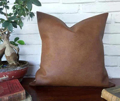 Chestnut brown old look pattern faux leather and natural linen pillow cover-1QTY - Image 1 of 4