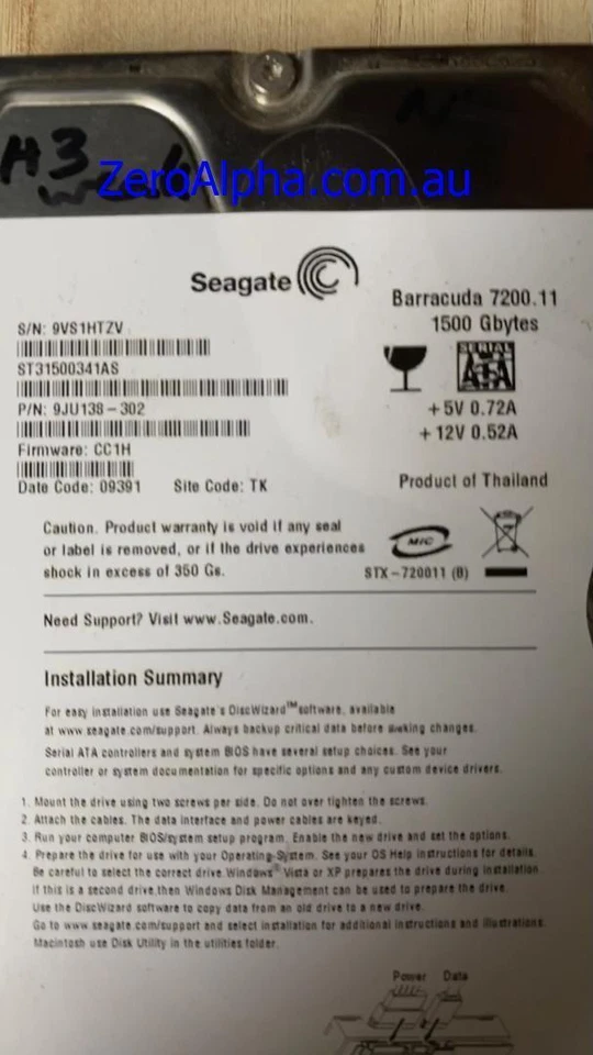 ST31500341AS, 9JU138-302, CC1H, TK, 9VS1 Seagate Data Recovery Donor Hard Drive - Image 1 of 1