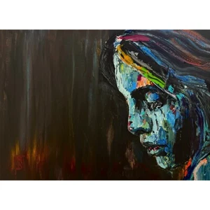 Arte de pintura original Impasto retrato de una mujer llorando dolor texturizado 24" - Imagen 1 de 2