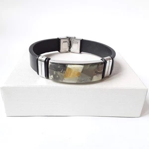 Black natural leather and Baltic amber mosaic unisex adjustable bracelet - Picture 1 of 10