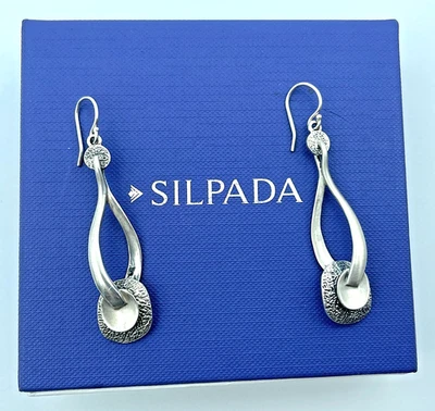Silpada Sterling Oxidized, Brushed, Long Drop Twist Disk Dangling Earrings W1981 - Image 1 of 4