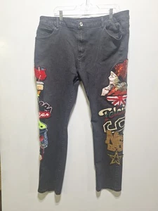 Embellished Mens 40x32 Embroidered Patches Denim Black Jeans Shaggy Glitter Side - Picture 1 of 17