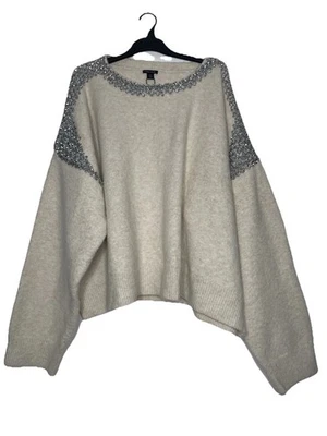 Karen Millen Plus Size Embellished Trim Cosy Knit Jumper Ivory Size 3XL - Image 1 of 4