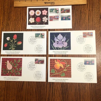 First Day Covers Medieval Manuscript Illumination Flowers Lot Of 5 - Image 1 of 2