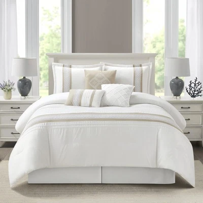 Juego de edredón a rayas de 7 piezas color topo, ropa de cama de microfibra tamaño queen, todo mar... Foto 1 de 4