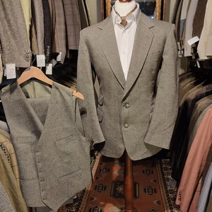 Vintage Mens 42s 34W Tweed 3 Piece Wool Suit Jacket Trousers Donegal Harris Styl - Picture 1 of 21