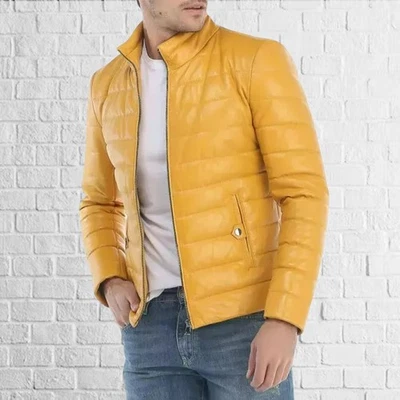 Street Style Vibe: Men’s Yellow Quilted Premium Leather Biker Jacket - Image 1 of 4