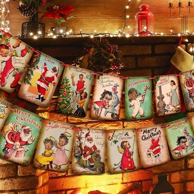 SSAILUE DECOR Vintage African American Retro Christmas Banner - Black Santa Xmas