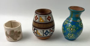 Lotto 3 vasi in ceramica blu messicana dipinti, Perù latinoamericano e coppa foglia - Foto 1 di 18