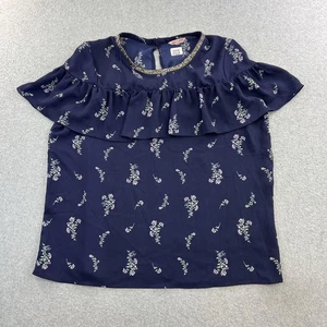 Juicy Couture Bluse Damen groß dunkelblau Blumen Rüschen Perlenausschnitt Schlüsselloch - Bild 1 von 13