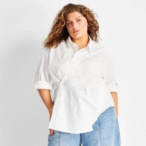 Future Collective Women's Collared Embellished Asymmetrical Button Down Shirt 2X - Picture 1 of 6
