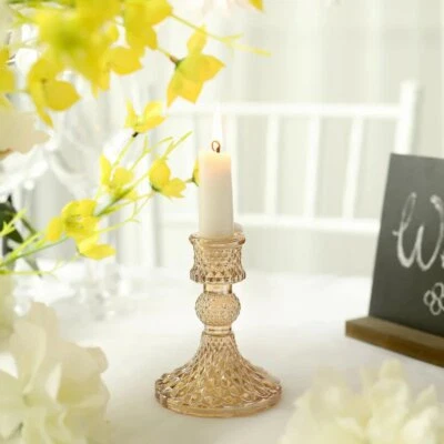 GOLD 6 Diamond Design 4"  Reversible Glass Taper Votive CANDLE HOLDERS Party - Image 1 of 4