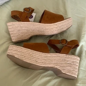 Espadrille Cognac Microsuede Platform Sandals - Picture 1 of 12