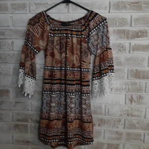 Half Sleeve Lace accented Tunic Earth Tones sz S/M Versatile - Picture 1 of 7
