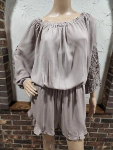 Kori America Women's size Medium Khaki Tan Shorts Romper Ruffle Crochet Lined - Picture 1 of 12