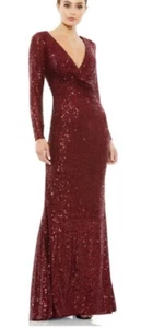 Mac Duggal Burgundy Formal Gown Long Sleeve Sequin Faux Wrap Maxi Dress Sz 12 NW - Picture 1 of 7