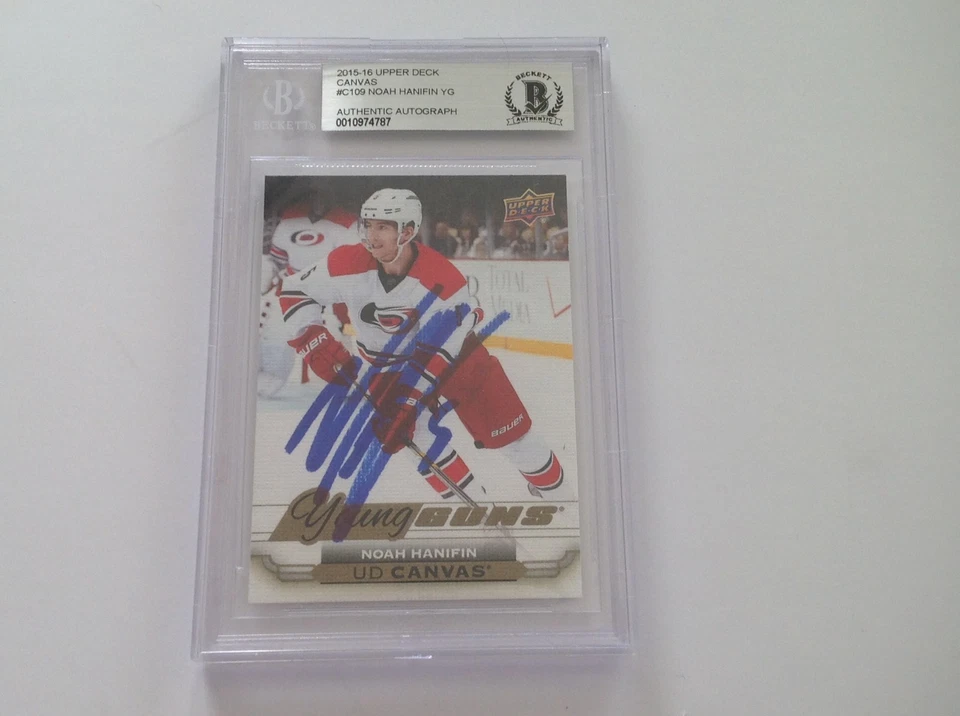 Noah Hanifin Signed 2015/16 Young Guns Canvas RC Card Slabbed Beckett BAS BGS a - Image 1 of 2