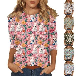 Women's Tops Easter Fashion Basic 3/4 Sleeve Printed Plus Size Casual Pullover - Picture 1 of 30