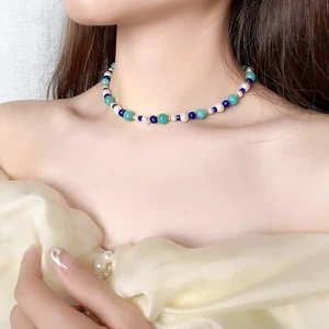 Natural Amazonite Lapis Lazuli Pearl Stone Crystal Handmade Blue Choker Necklace - Picture 1 of 6