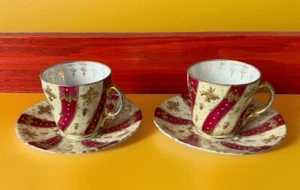 Antique Victoria Carlsbad Austria Set Of 2 Demitasse Cups $ Saucers Gold Accents - Picture 1 of 13