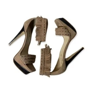 BEBE Tan Suede Leather Heels Fringe Ankle Strap Sz 7 - Picture 1 of 8