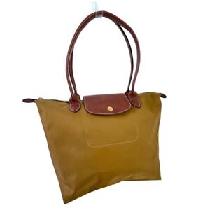Longchamp Womens Le Pliage Brown Nylon Leather Tote Shoulder Bag Purse Handbag