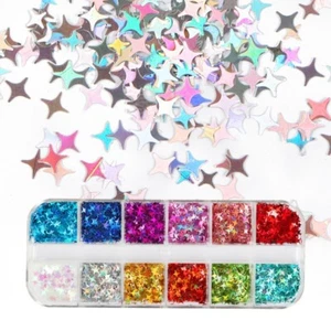 Paillettes Unghie~Glitter Quattro Punti Forma Stella Laser Fiocchi Punte Nail Art Decorazione - Foto 1 di 7