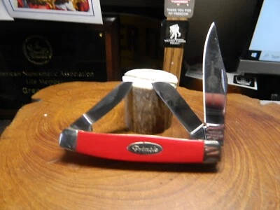 PRIMBLE KNIFE 3 3/8" STOCKMAN 3 BLADES HC STAINLES CUSTOM HANDLE DARK RED SPINEY - Image 1 of 4