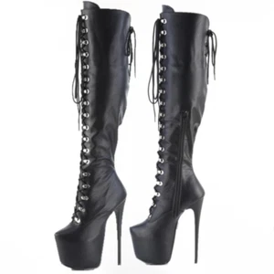 Botas Juicy 3015 negras mate delgadas con plataforma de aguja de 7" con cordones sobre la rodilla - Imagen 1 de 8