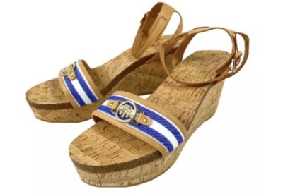 女士 Tommy Hilfiger Twhesley 航海软木厚底楔形棕褐色蓝色条纹 7M — 第 1/4 张图片