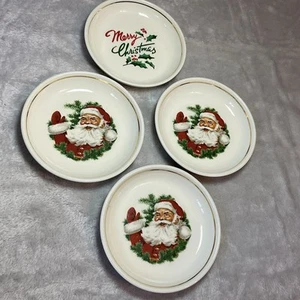 Vtg Ceramic Christmas Santa Claus Coaster Snack Plate Gold 70s Set 4 Americana - Bild 1 von 10