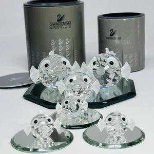 Swarovski Crystal - 6 Puffer Fish Blow Fish 3 Sm. 1 Med. 2 Lg. W/ Bevel Mirrors - Picture 1 of 20