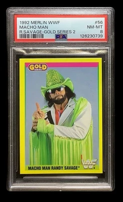 1992 merlin UK wwf #56 macho man randy savage; gold series PSA 8  (POP 4, 1^) - Image 1 of 3