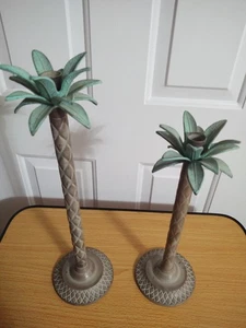 Metal Palm Tree Candlestick Holder Tropical Coastal Decor Set of 2 Made In India - Picture 1 of 6