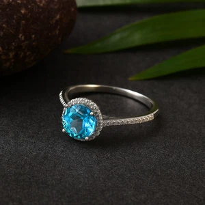 Anillo de plata de ley 925 redondo topacio azul piedras preciosas azules solitario joyería regalo - Imagen 1 de 11