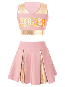 Girls Cheer Leader Uniform Cheerleading Cosplay Party Outfit Crop Tops and Skirt - Picture 1 of 100