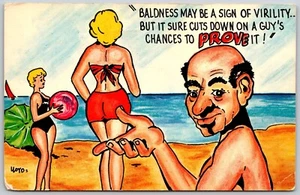 Postcard Humor Baldness Sign of Virility Cuts Down on Chances to Prove It Comic - Picture 1 of 2