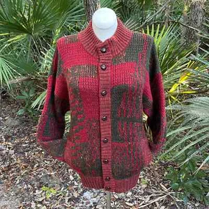 GRM Red and Green Geometric Cardigan Sweater Unissex Pockets 80s Vtg Size L - Picture 1 of 12