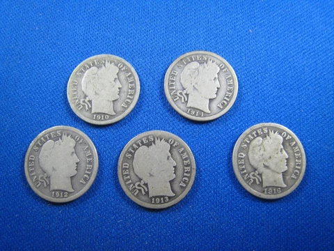 LOT OF 5  -  1910-1916  -  BARBER DIMES Cover