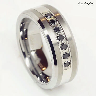 8mm Black/Silver Tungsten Carbide Ring Inlay Comfort Fit ATOP MEN Wedding Band - Image 1 of 4