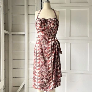 Vintage 50s Brown Silk Hawaiian Tiki Print Sarong Pinup Halter Dress XS - Picture 1 of 11