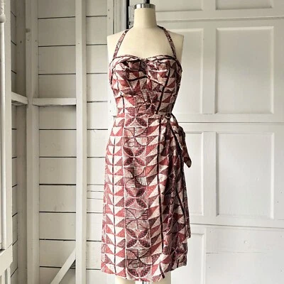 Vintage 50s Brown Silk Hawaiian Tiki Print Sarong Pinup Halter Dress XS - Image 1 of 4