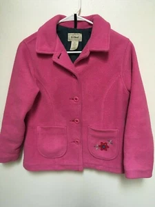 LLBean Girls Size M Flannel Coat Lined Buttons Dark Pink Pockets Embroidered - Picture 1 of 9