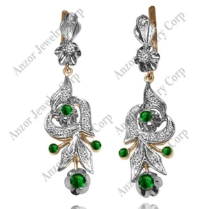 Vintage Style Genuine Diamond and Emerald earrings 14k Rose White Gold $1789 - Picture 1 of 5