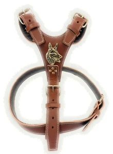 Brown Leather Dog Harness Padded with German Shepherd / Husky Badge - Picture 1 of 3